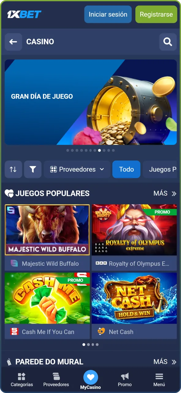 Disfruta de un completo catálogo de casino que incluye tragamonedas, juegos de mesa y salas en vivo.