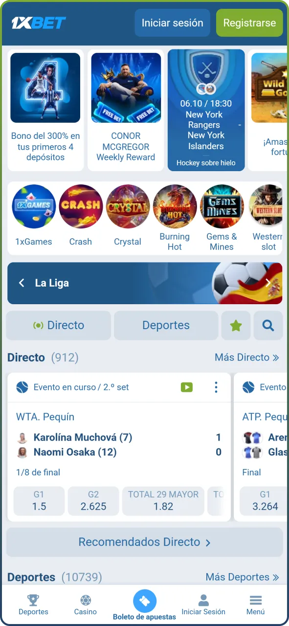 Explora la página principal de 1xBet con acceso directo a todos los servicios y promociones destacadas.