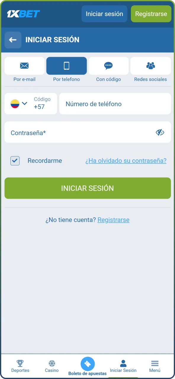 Registra tu cuenta o inicia sesión en la app de 1xBet.