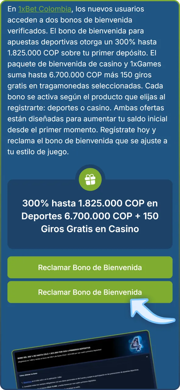 Haz clic en el botón de registro para solicitar tu bono en 1xBet.