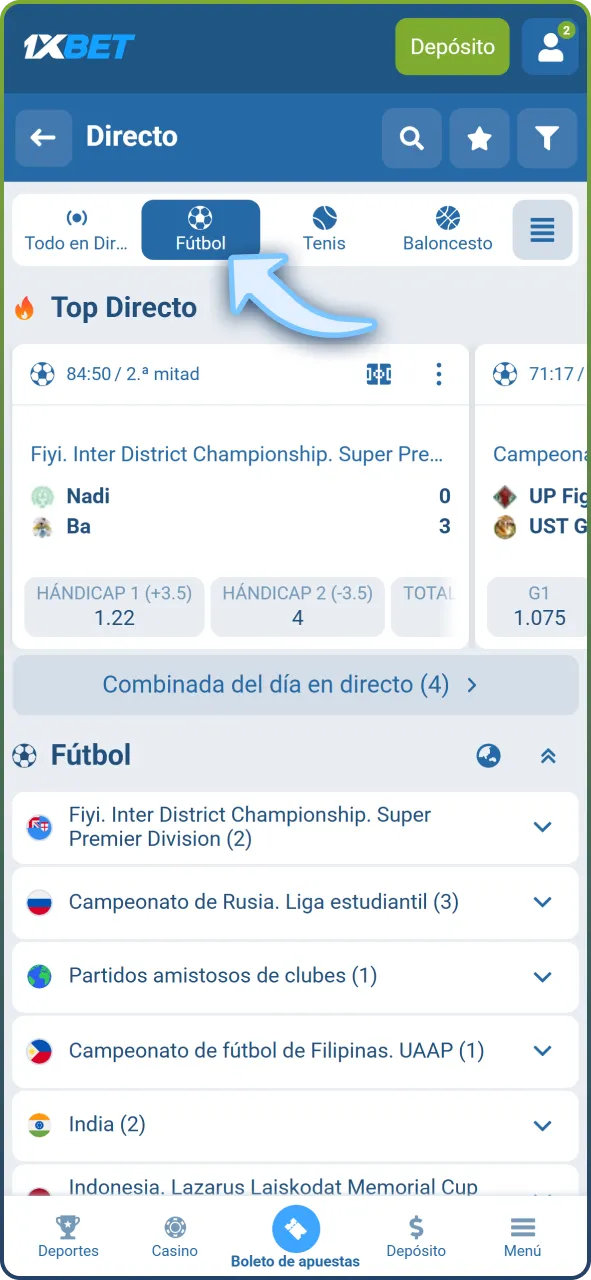 Abre la sección de fútbol en 1xBet y explora los eventos disponibles.