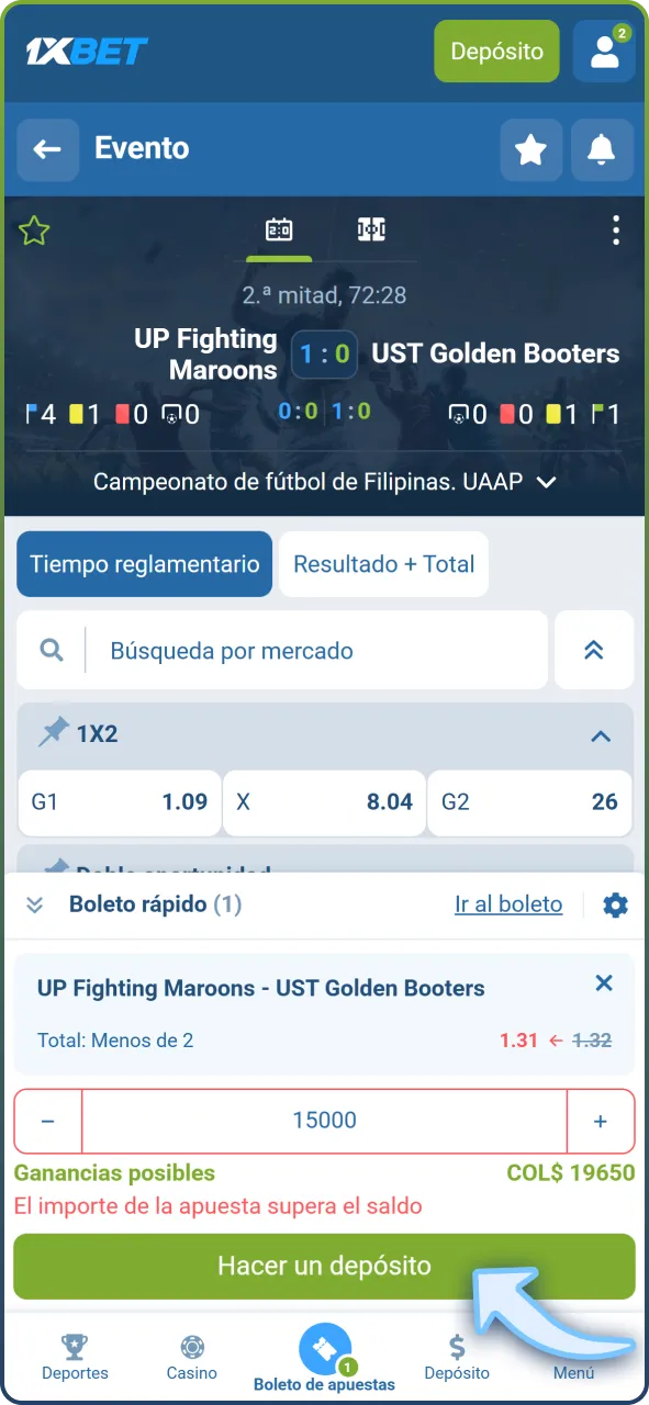 Confirma tu apuesta de fútbol en 1xBet y sigue el partido en vivo.