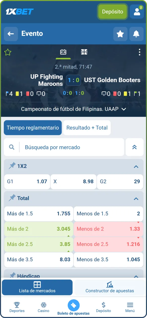 Elige la competición y el partido de fútbol para apostar en 1xBet.