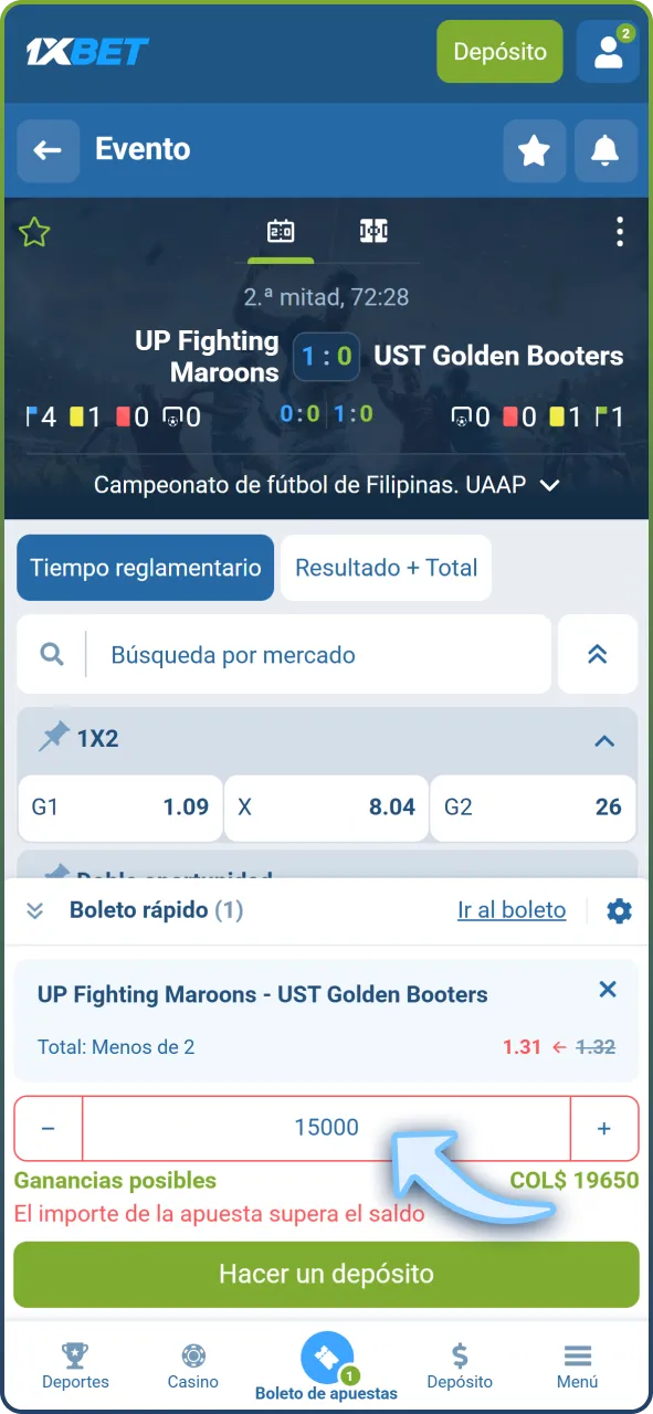 Ingresa el monto de tu apuesta de fútbol en la plataforma 1xBet.