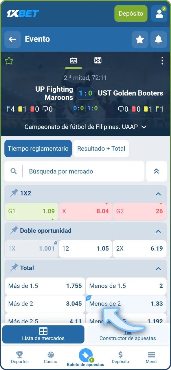 Selecciona el mercado de apuesta de fútbol ideal en 1xBet.