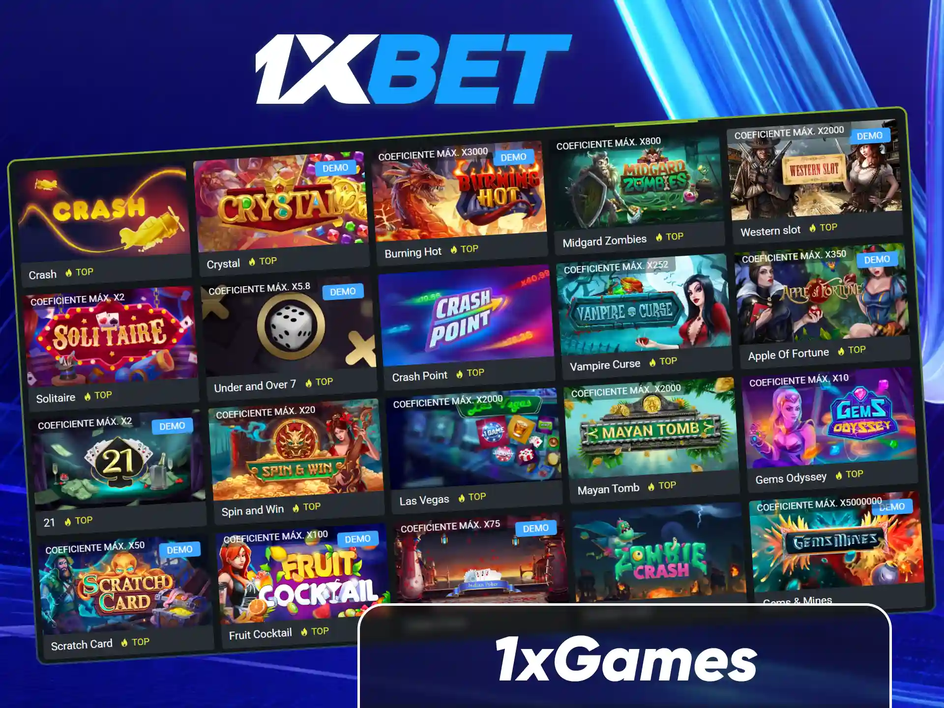 Accede a la sección de 1xGames con títulos exclusivos, juegos instantáneos y mecánicas únicas.