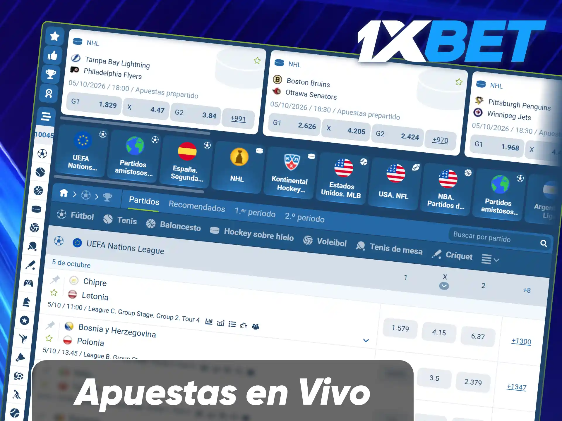 Realiza apuestas en tiempo real en una amplia variedad de deportes mientras se desarrolla la acción con cuotas dinámicas y transmisiones en vivo.