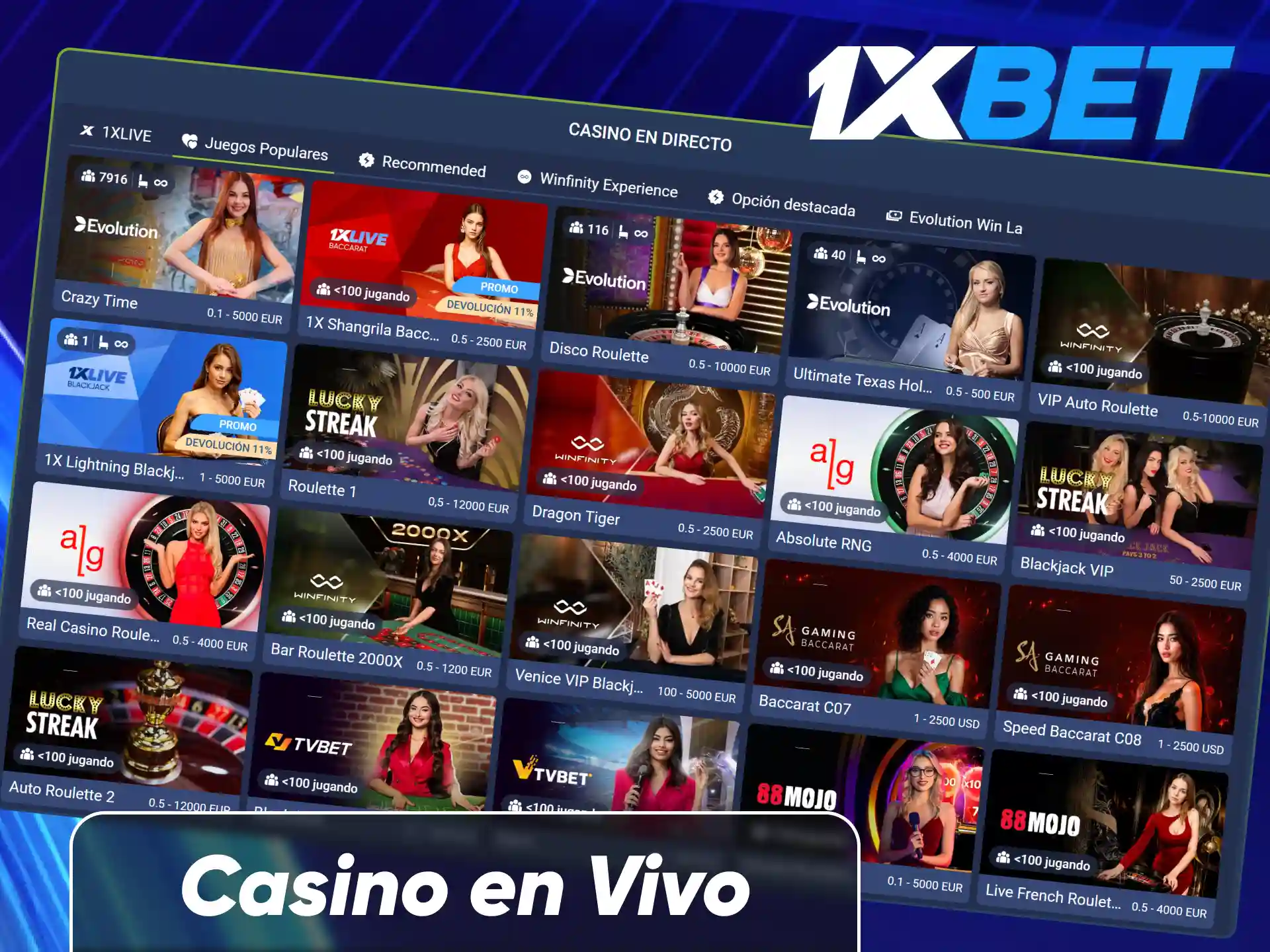 Disfruta de la experiencia inmersiva del casino en vivo con crupieres reales retransmitidos en directo.