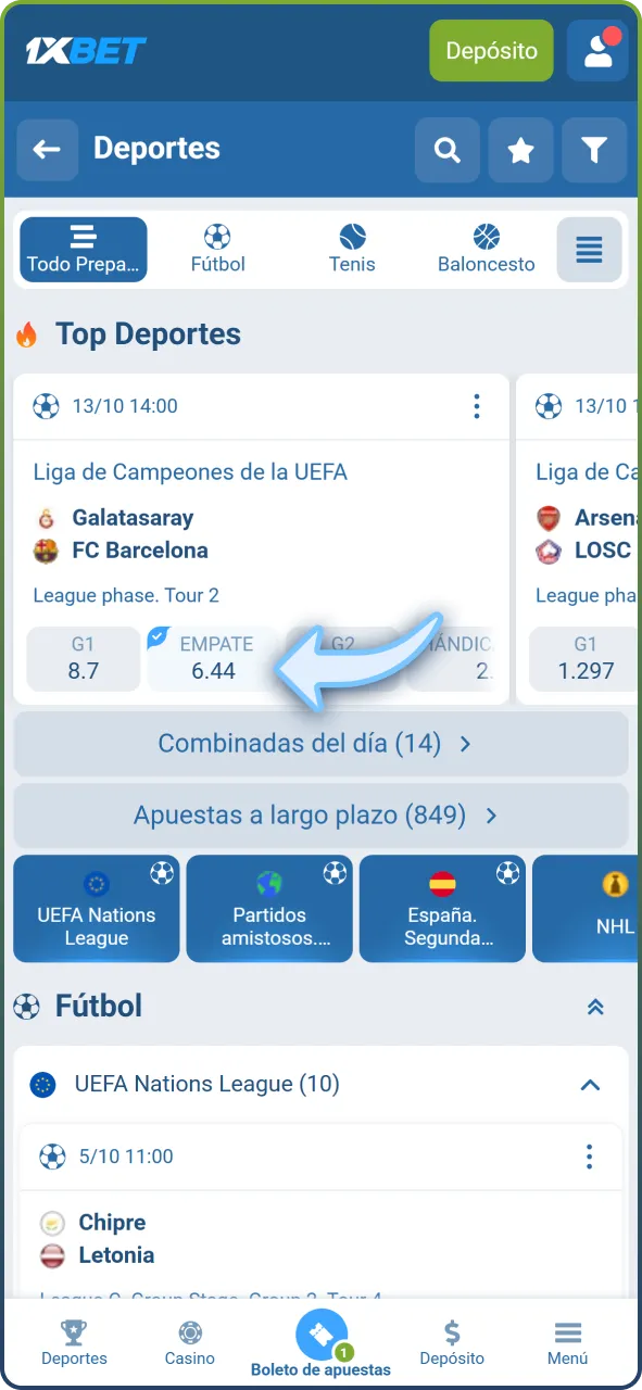 Selecciona el mercado de apuesta preferido y haz clic sobre la cuota elegida.