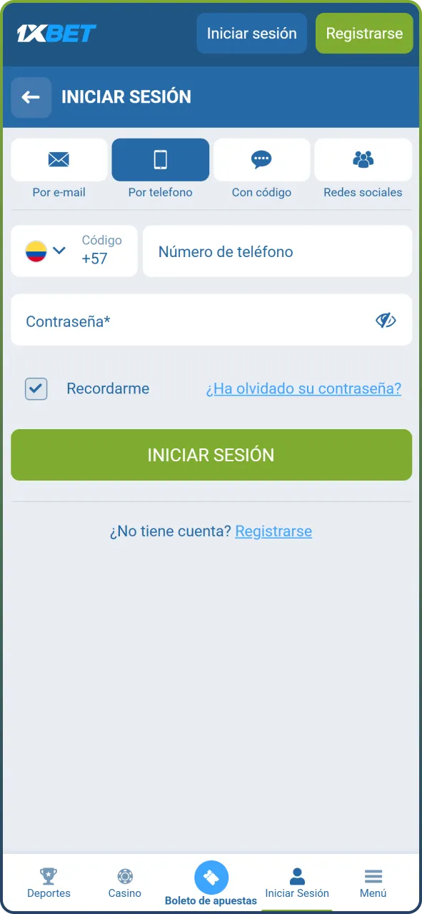 Accede a tu cuenta en 1xBet ingresando tus credenciales de usuario.