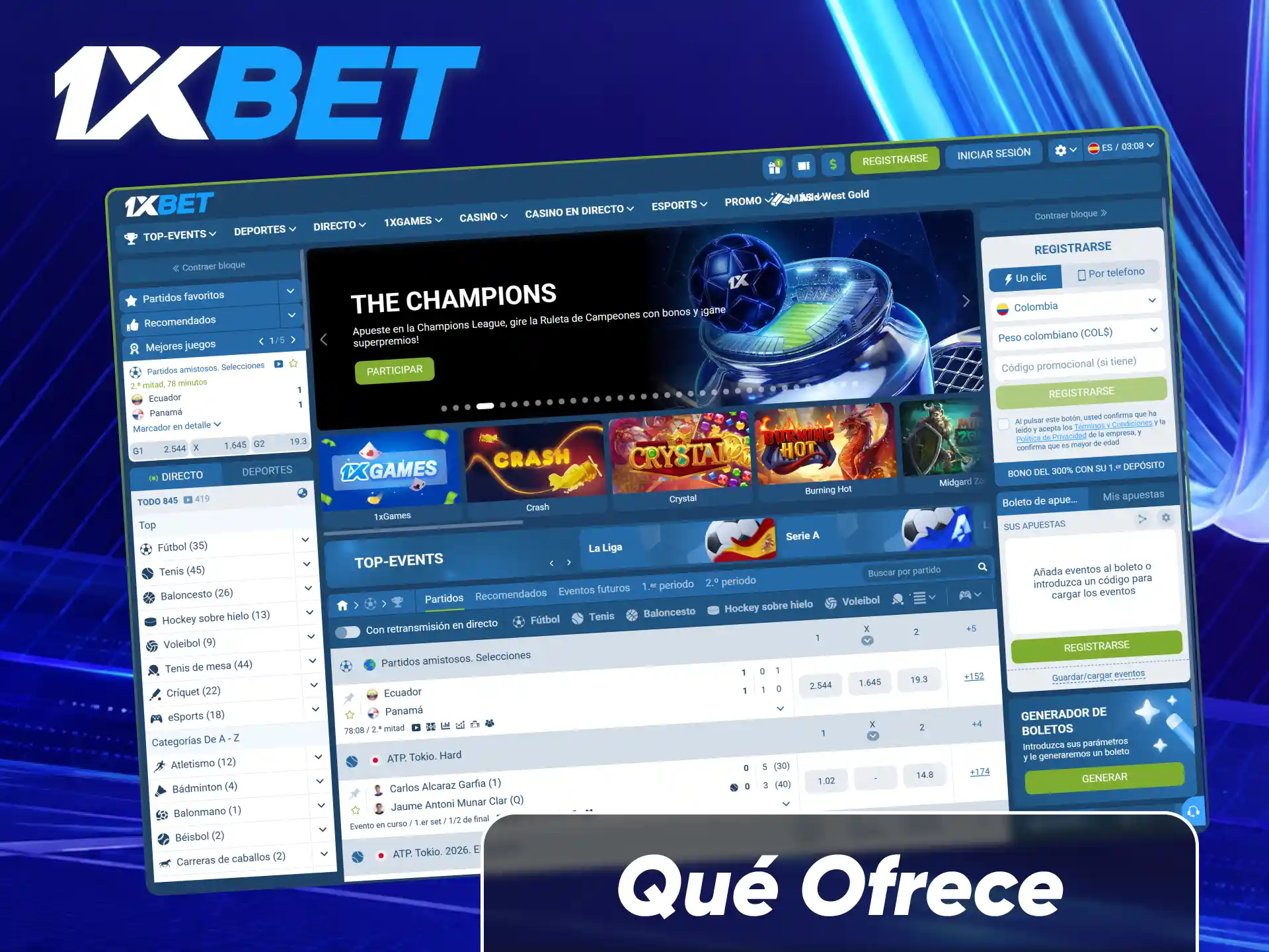 Descubre la variedad de apuestas deportivas, juegos de casino y servicios que ofrece 1xBet para los usuarios en Colombia.