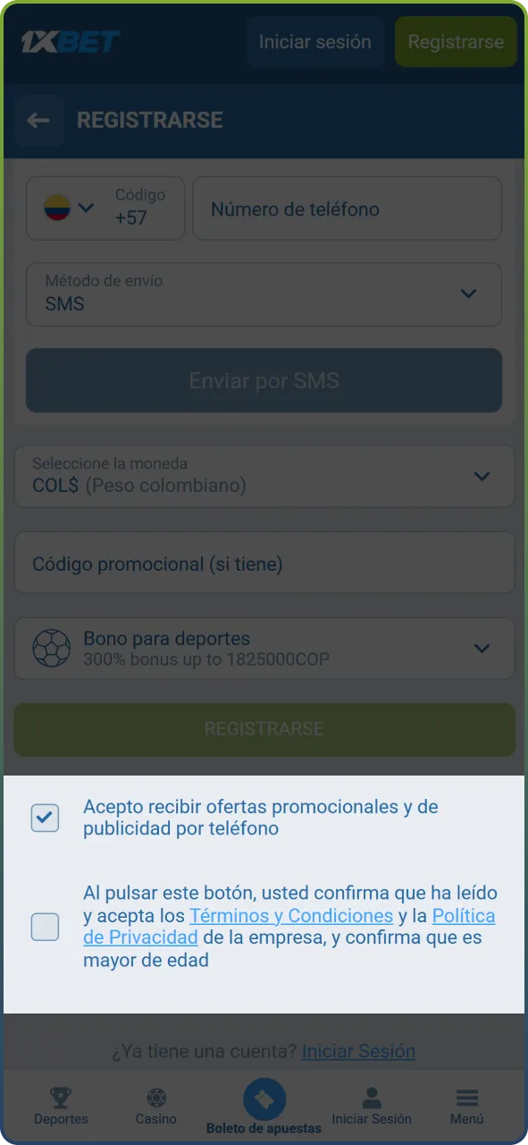 Confirma que tienes la edad legal para apostar (18+) y acepta los términos y condiciones del sitio.