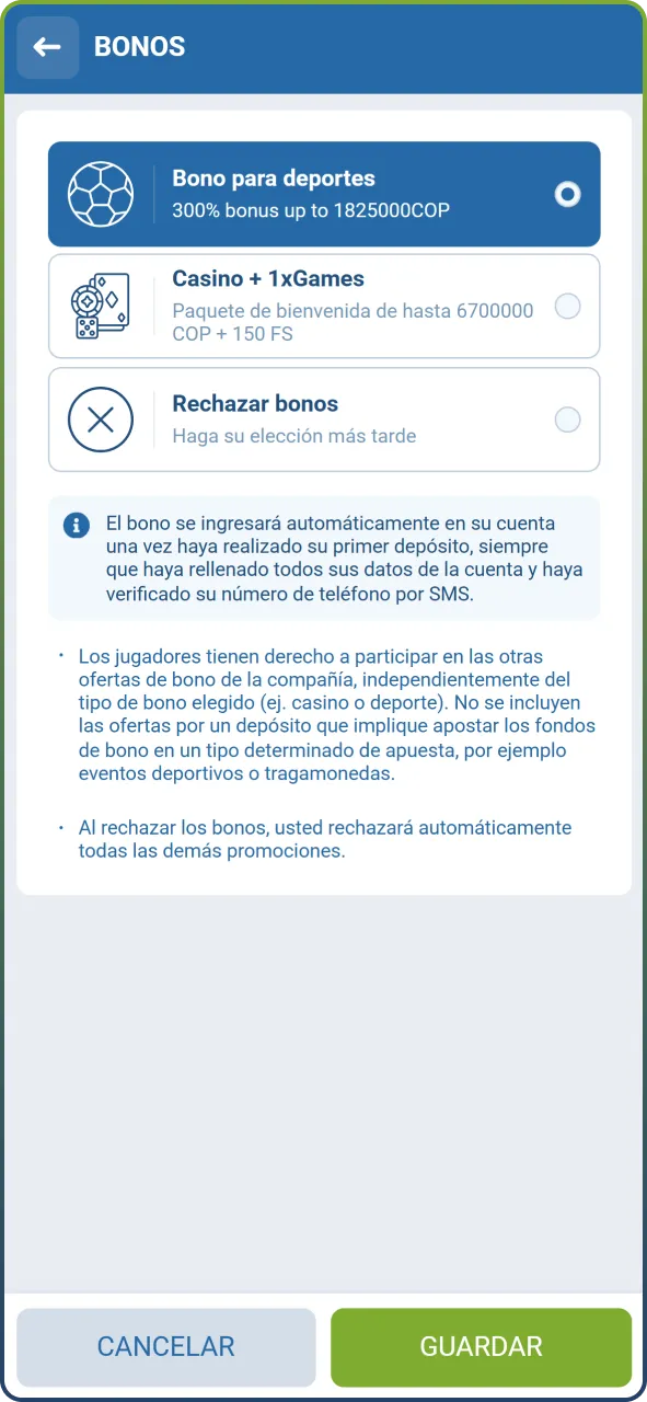 Selecciona la bonificación de bienvenida de tu preferencia, ya sea para apuestas deportivas o casino.