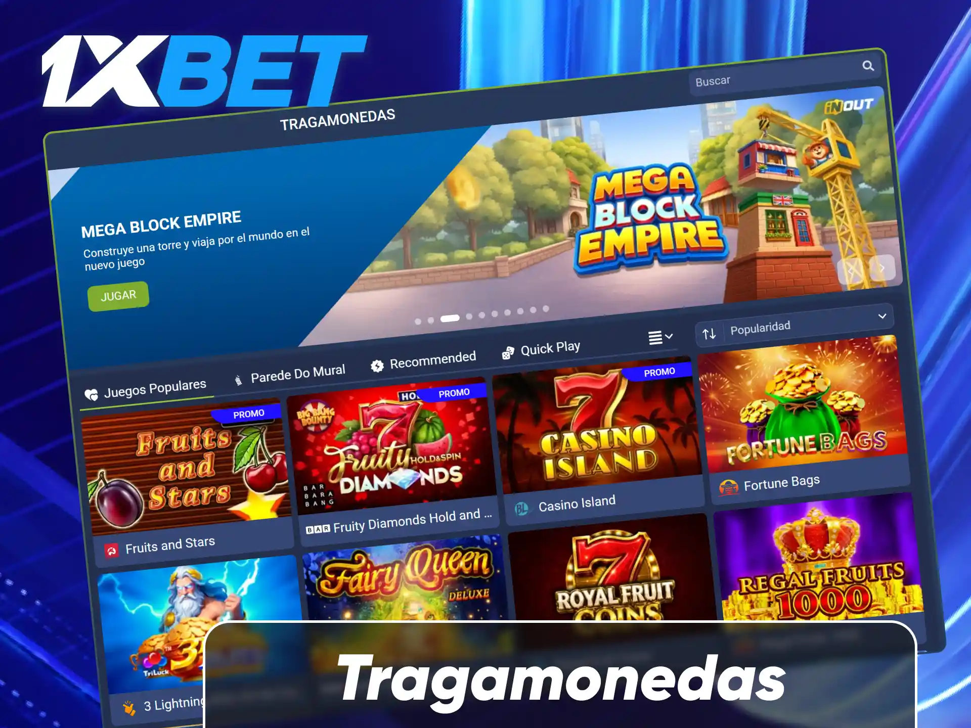 Explora el amplio catálogo de tragamonedas y slots temáticos con jackpots y giros gratis en 1xBet.