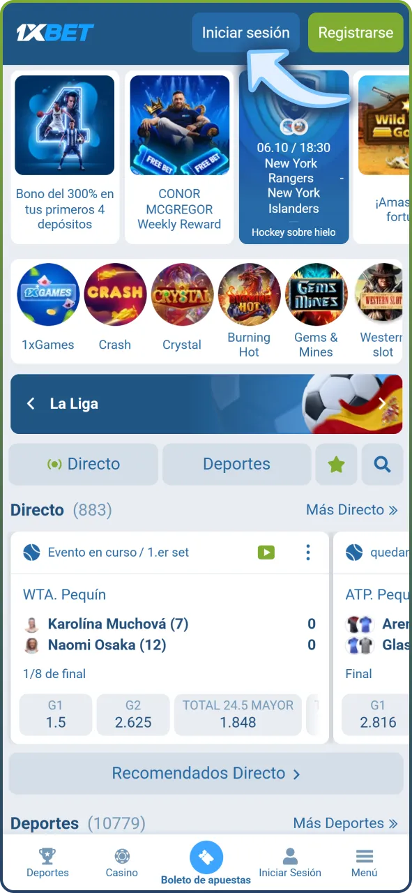 Inicia la aplicación o entra al sitio web oficial de 1xBet en tu dispositivo.