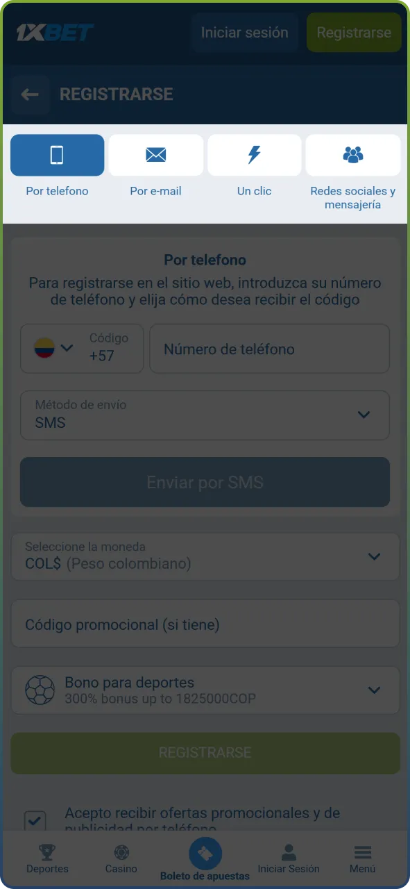 Selecciona la opción de registro que prefieras (un clic, teléfono, correo o redes sociales).
