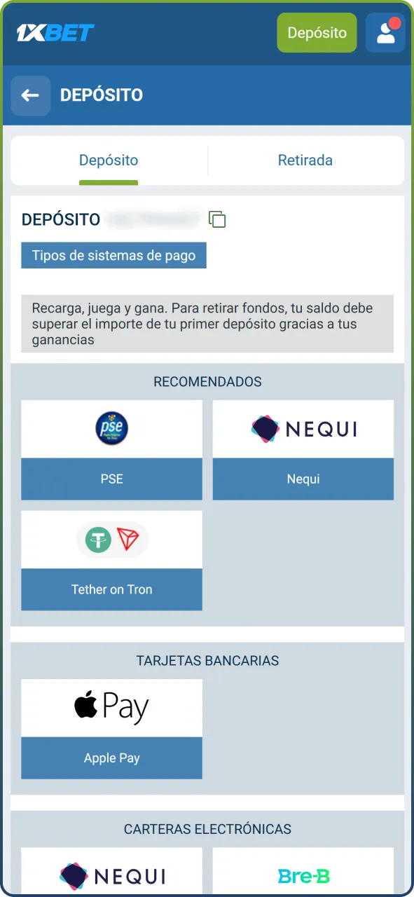 Elige tu método de pago preferido para realizar la primera recarga y activar tu bono.