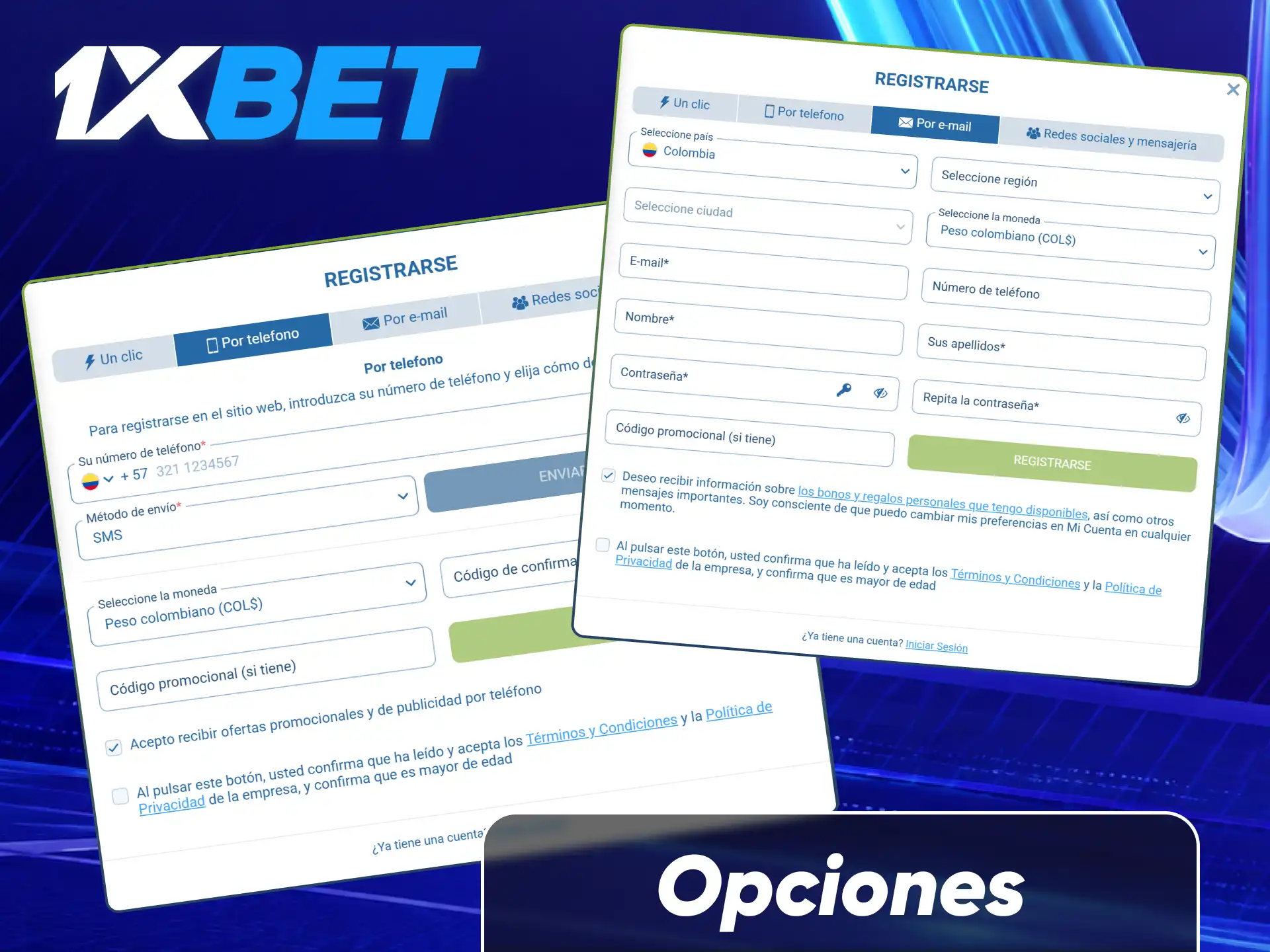 Explora las diferentes alternativas para crear una cuenta en 1xBet, incluyendo registro en un clic, por teléfono, email o redes sociales.