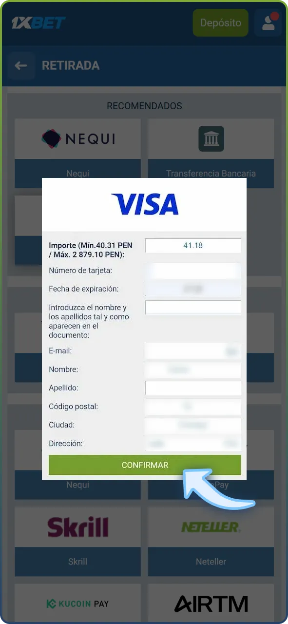 Confirma la solicitud de retiros en tu cuenta de 1xBet.