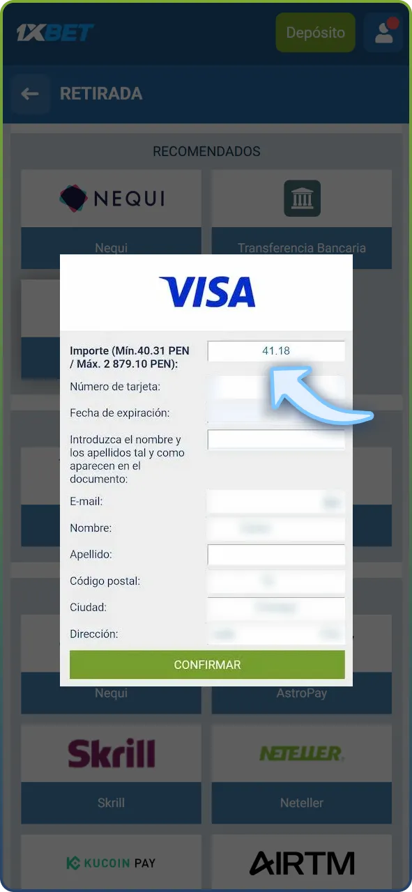 Ingresa el monto deseado para tus retiros en 1xBet.