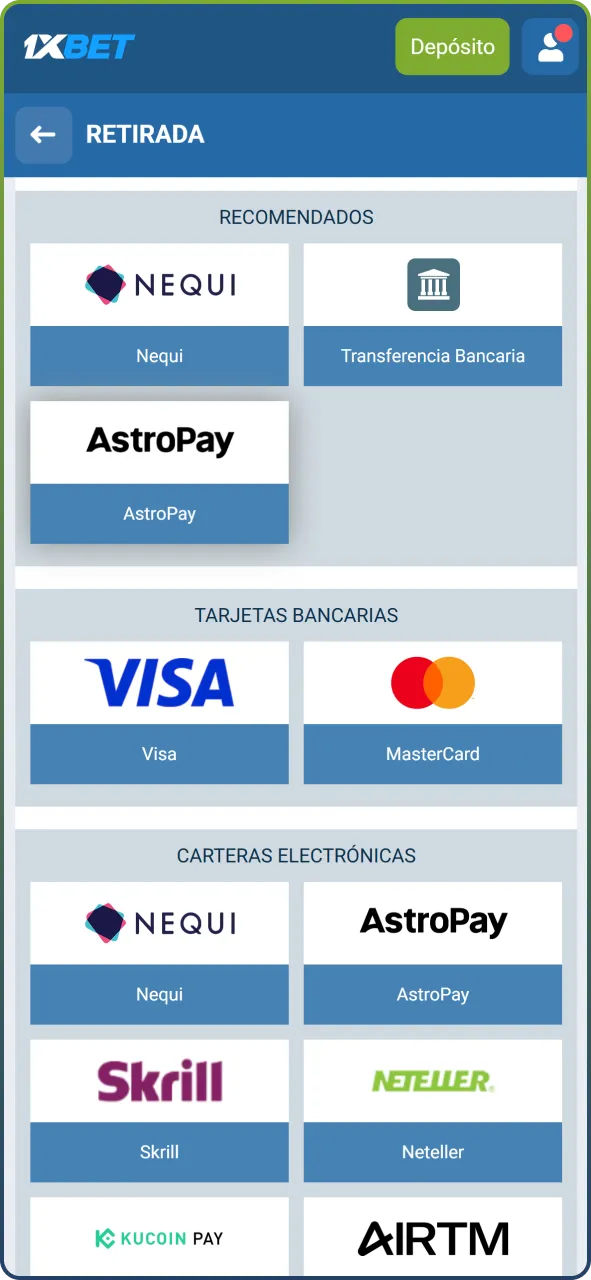 Selecciona un método habilitado de retiros en 1xBet.